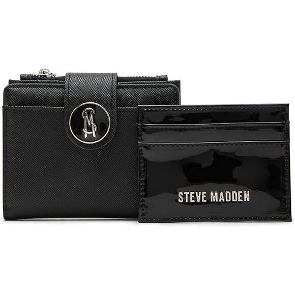 STEVE MADDEN Black Cross Grain Vegan Leather JADYN Bifold Wallet w/ ID Card Case - Picture 1 of 13